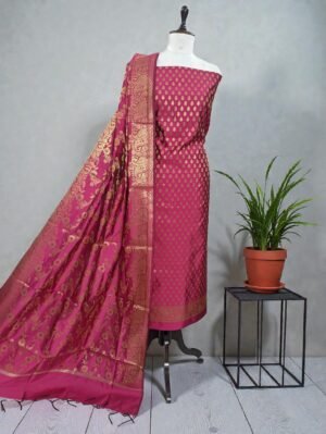 Banarasi Silk Zari Suit Set with Matching Dupatta – Rani Pink