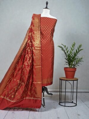 Banarasi Silk Zari Suit Set with Matching Dupatta – Red