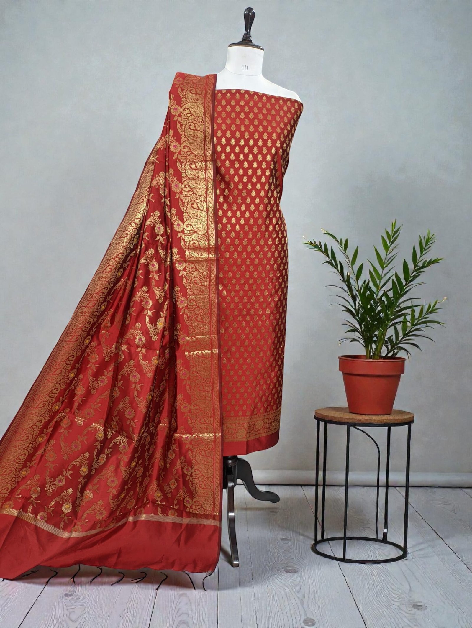 Banarasi Silk Zari Suit Set with Matching Dupatta – Red 1 Banarasi Silk Zari Suit Set with Matching Dupatta – Red