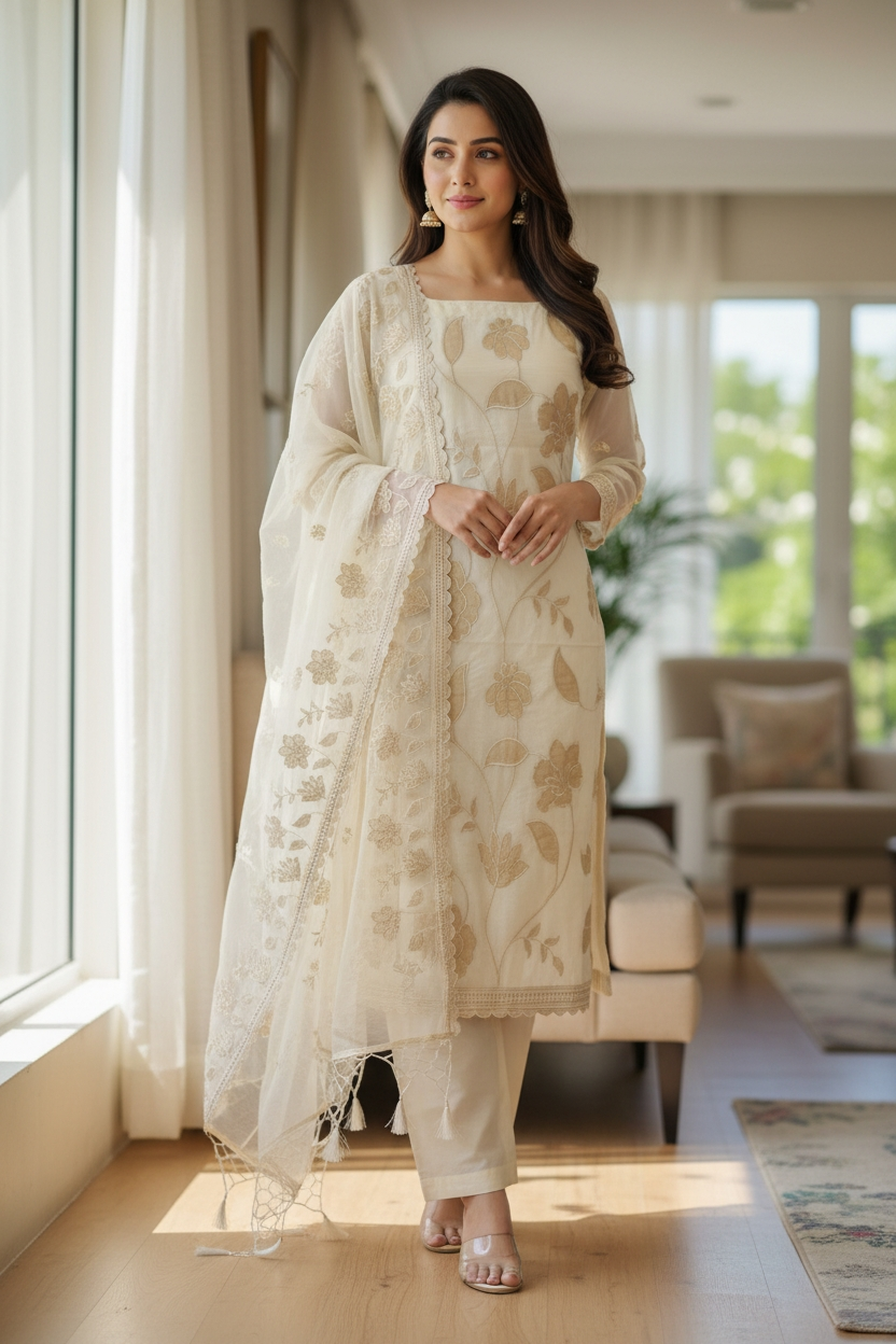 Banarasi Suits – Mul Chanderi Applique & Cut Work with Dupatta
