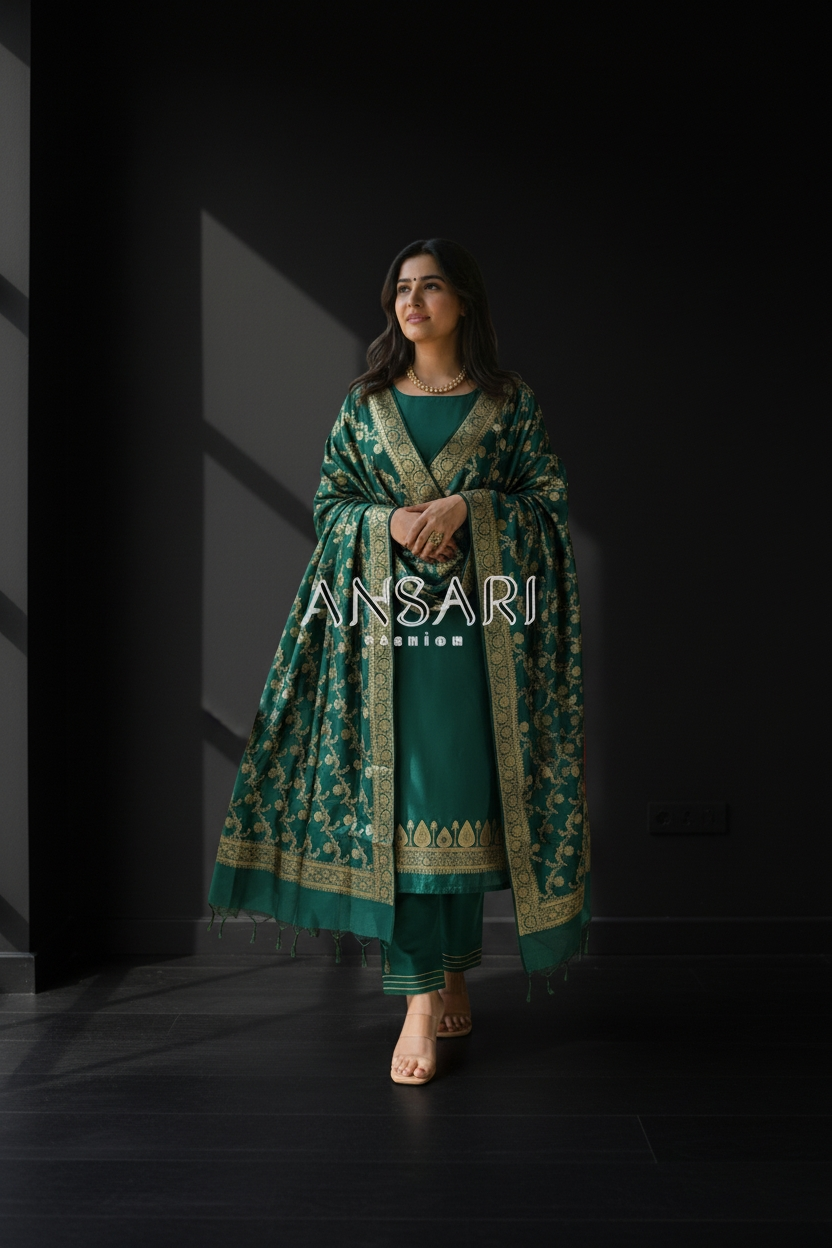 Banarasi Suits – Silk Zari Woven with Dupatta – Bottle Green 1 Banarasi Suits – Silk Zari Woven with Dupatta – Bottle Green