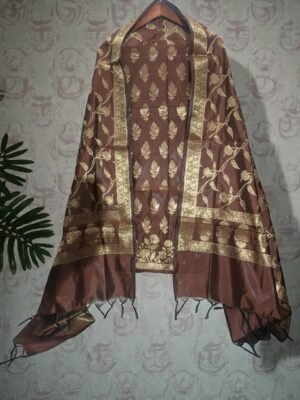 Brown Banarasi Silk Double Zari Woven Unstitched Suit Set for Women