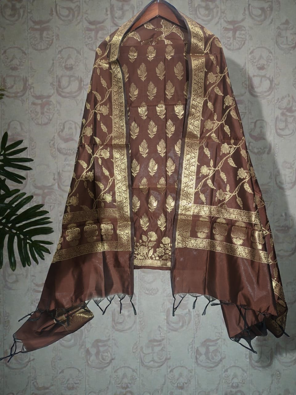 Brown Banarasi Silk Double Zari Woven Unstitched Suit Set for Women