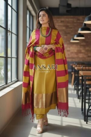 mustred & Rani Stripe Banarasi Cotton Silk Suit Set with Zari Daman