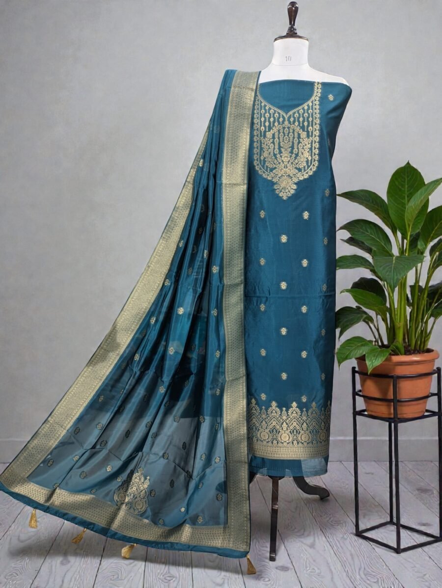 German Blue Banarasi Crepe Silk Zari Woven Suit Set