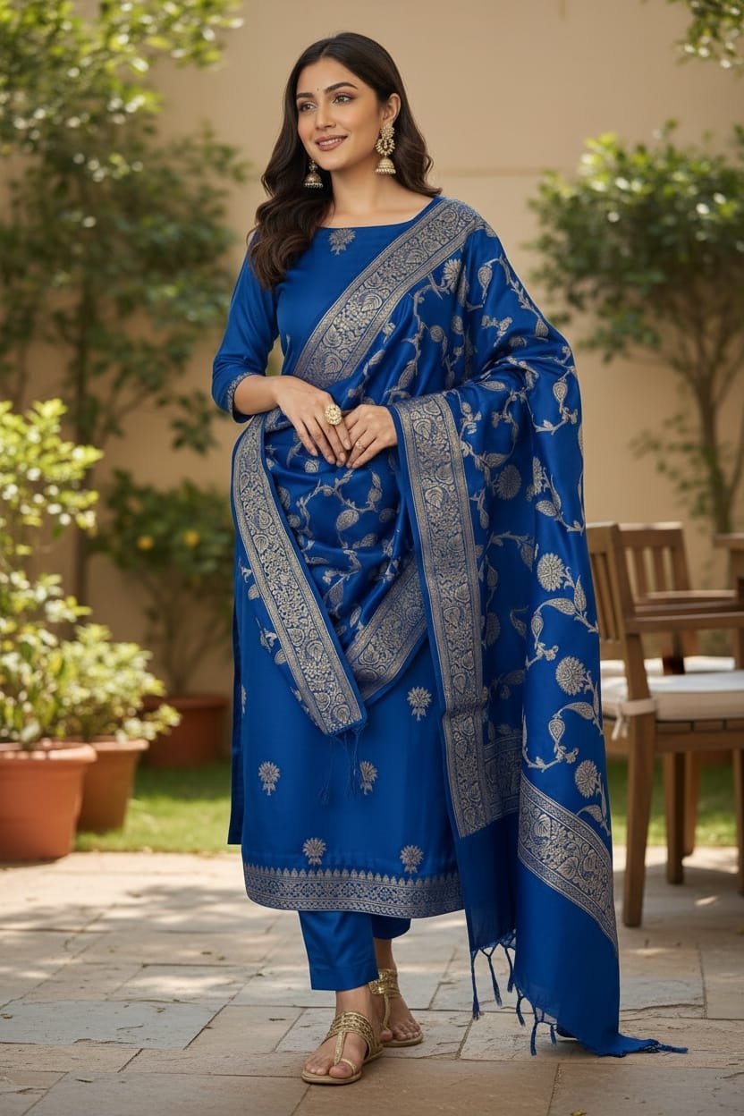 German Blue Banarasi Silk Zari Woven Suit Set by Ansari Fashion