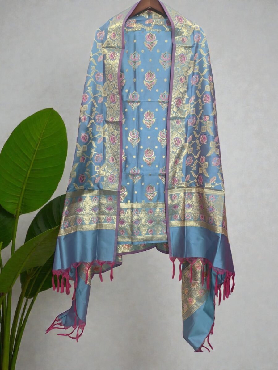Light Blue Soft Katan Banarasi Silk Tilfi Meena Zari Woven Unstitched Suit Set for Women