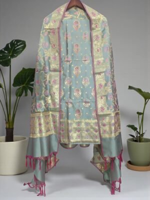 Light Grey Soft Katan Banarasi Silk Tilfi Meena Zari Woven Unstitched Suit Set for Women