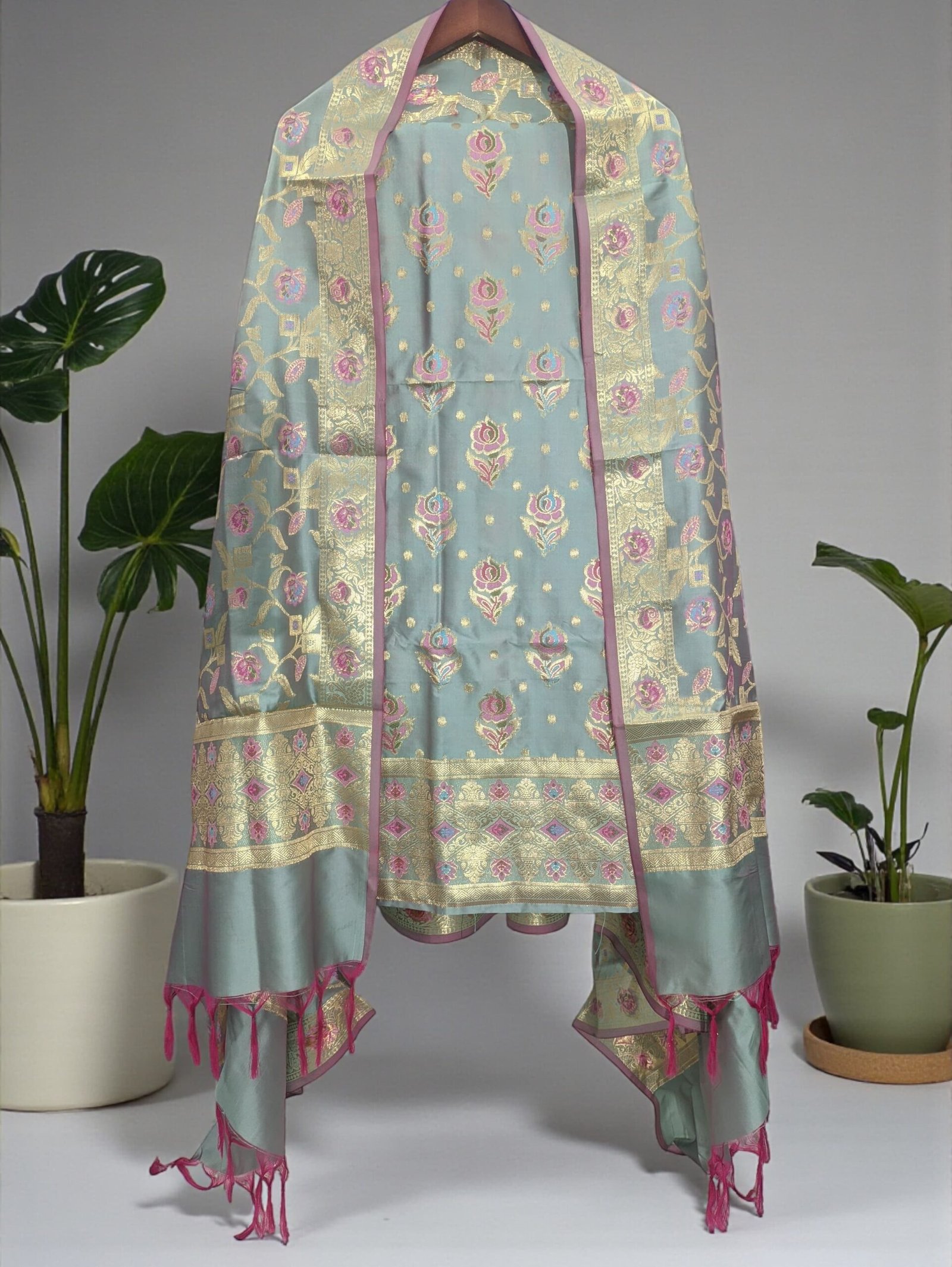 Light Grey Soft Katan Banarasi Silk Tilfi Meena Zari Woven Unstitched Suit Set for Women