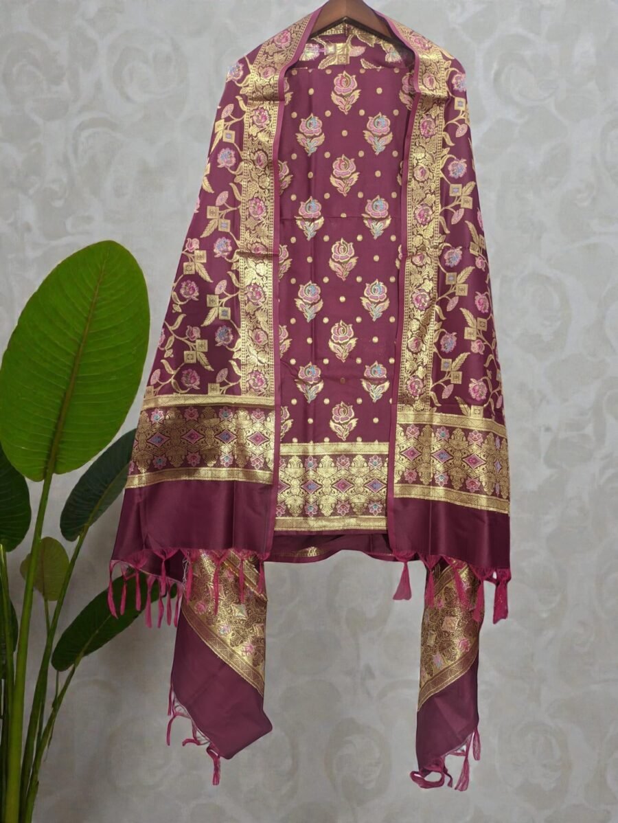 Magenta Soft Katan Banarasi Silk Tilfi Meena Zari Woven Unstitched Suit Set for Women
