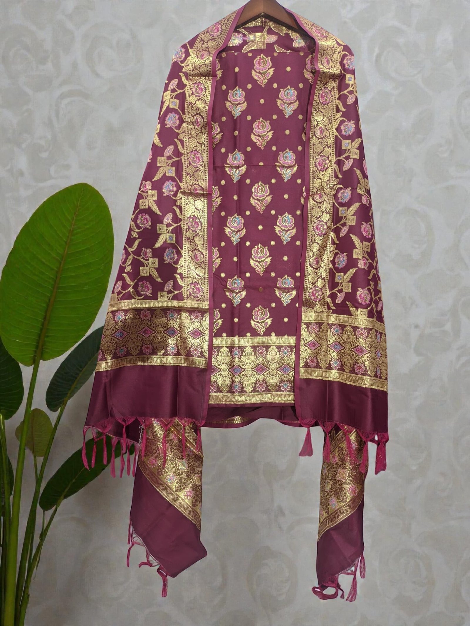 Magenta Soft Katan Banarasi Silk Tilfi Meena Zari Woven Unstitched Suit Set for Women