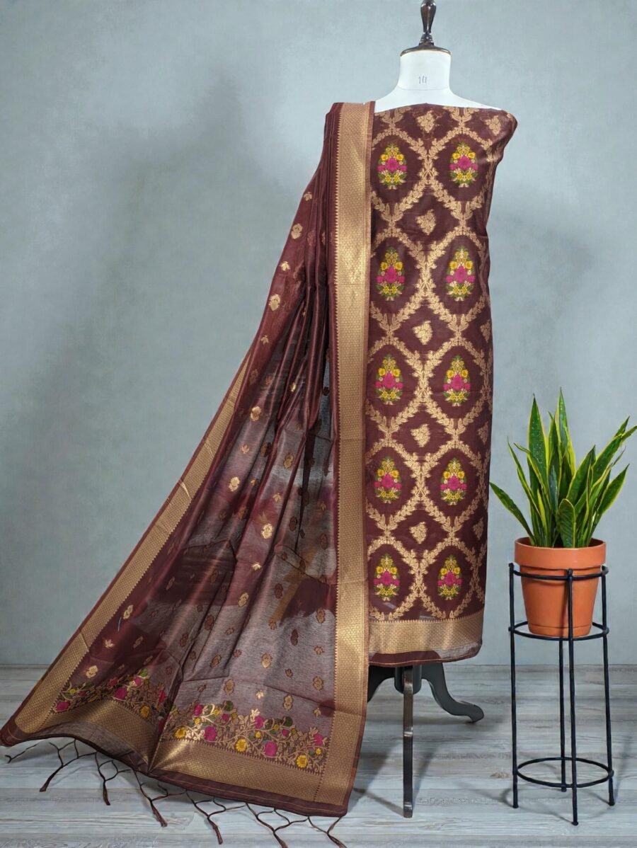Maroon Banarasi Jamdani Silky Cotton Tilfi Meena Suit Set