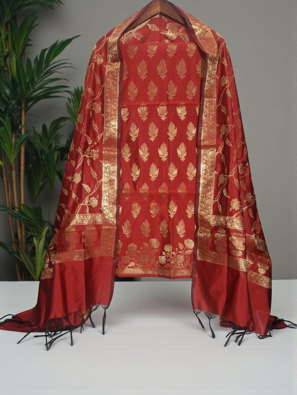 Maroon Banarasi Silk Double Zari Woven Unstitched Suit Set for Women