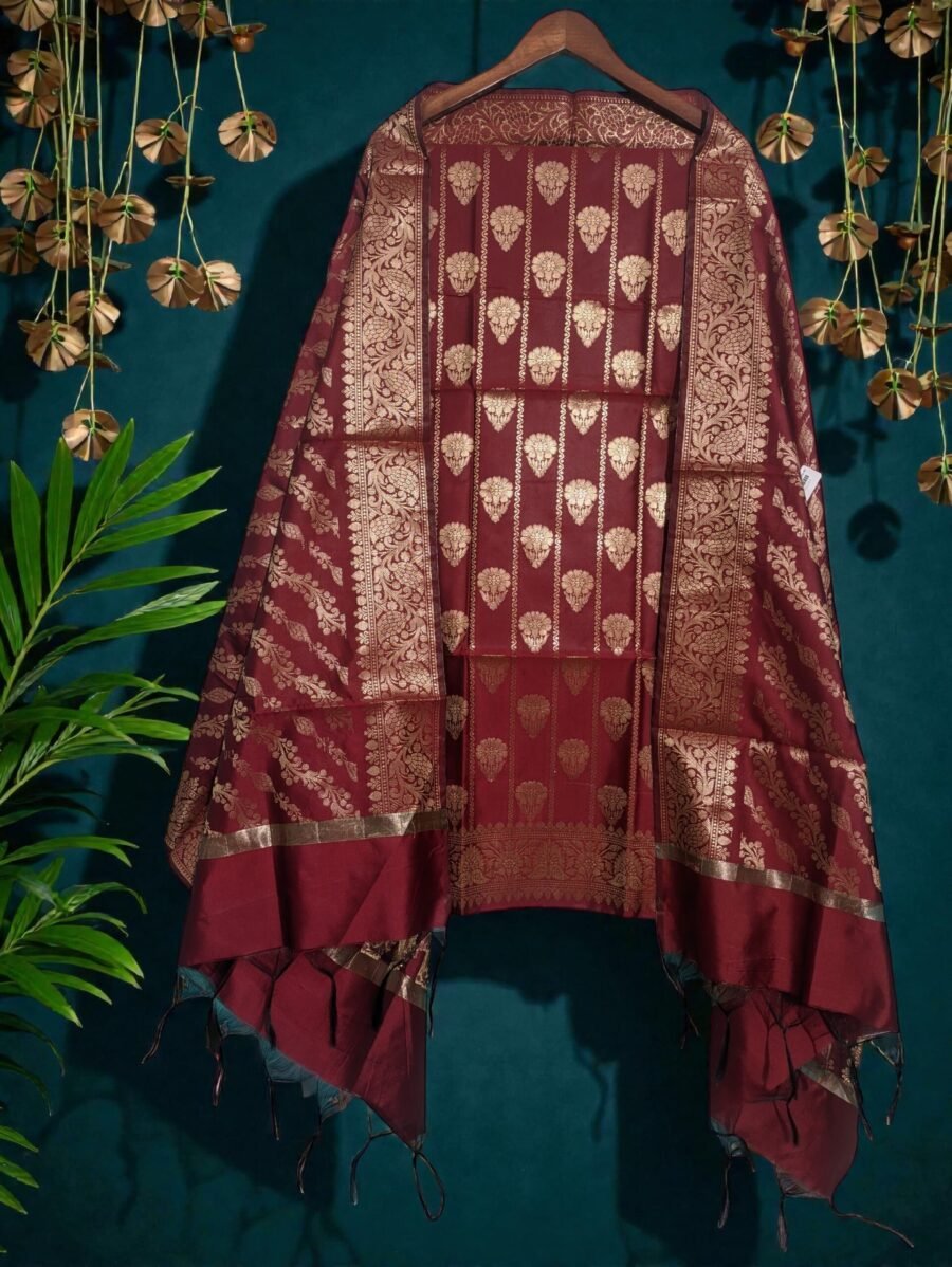 Maroon Banarasi Silk Zari Woven Suit Set by Ansari Fashion