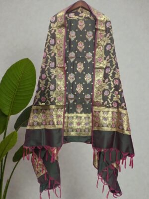 Mehndi Soft Katan Banarasi Silk Tilfi Meena Zari Woven Unstitched Suit Set for Women