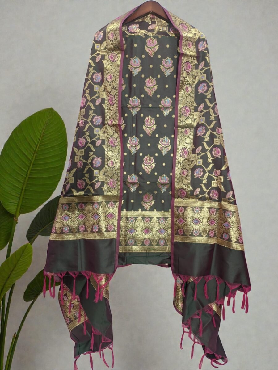 Mehndi Soft Katan Banarasi Silk Tilfi Meena Zari Woven Unstitched Suit Set for Women