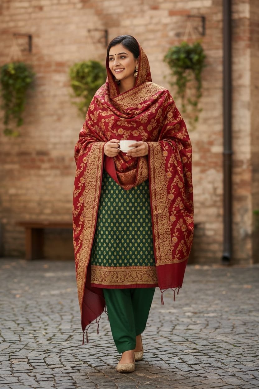 Mehndi & Red Contrast Banarasi Silk Zari Woven Suit Set by Ansari Fashion 1 Mehndi & Red Contrast Banarasi Silk Zari Woven Suit Set by Ansari Fashion