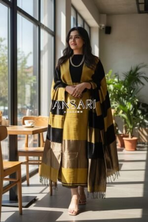 Mustard & Black Stripe Banarasi Cotton Silk Suit Set with Zari Daman