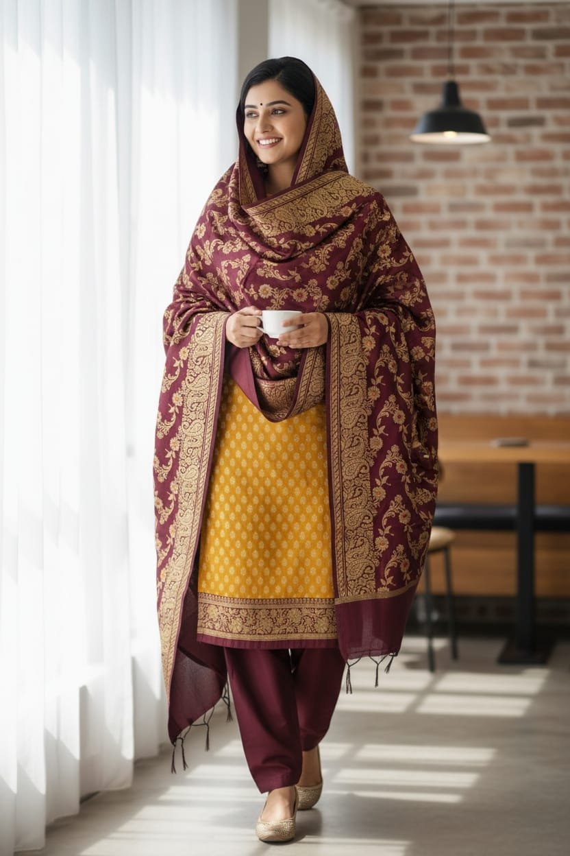 Mustard & Magenta Contrast Banarasi Silk Zari Woven Suit Set by Ansari Fashion