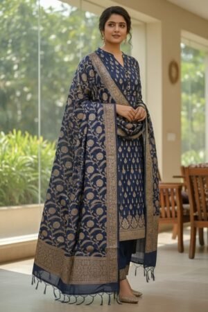 Navy Blue Banarasi Soft Silk Zari Woven Unstitched Suit Set