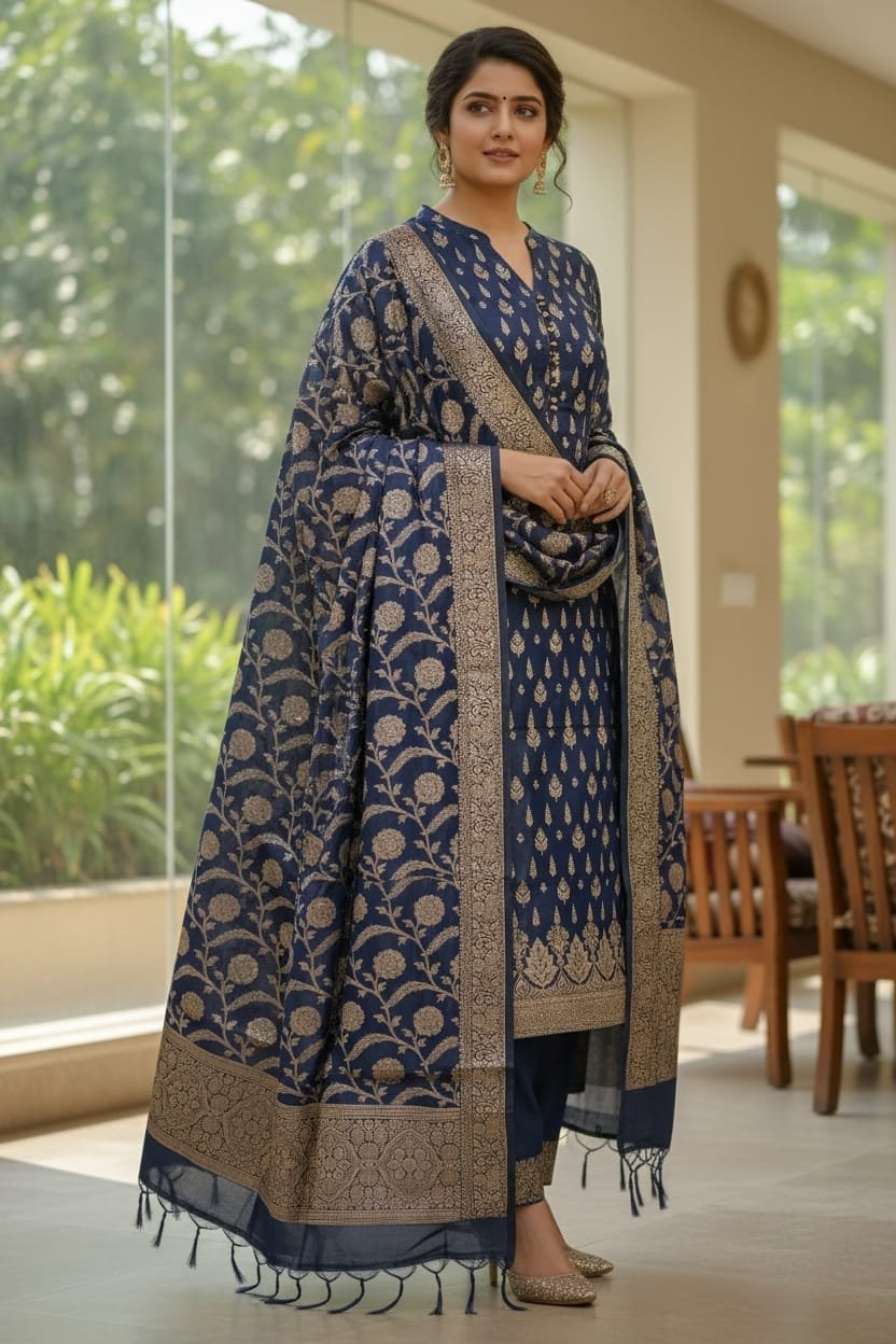 Navy Blue Banarasi Soft Silk Zari Woven Unstitched Suit Set