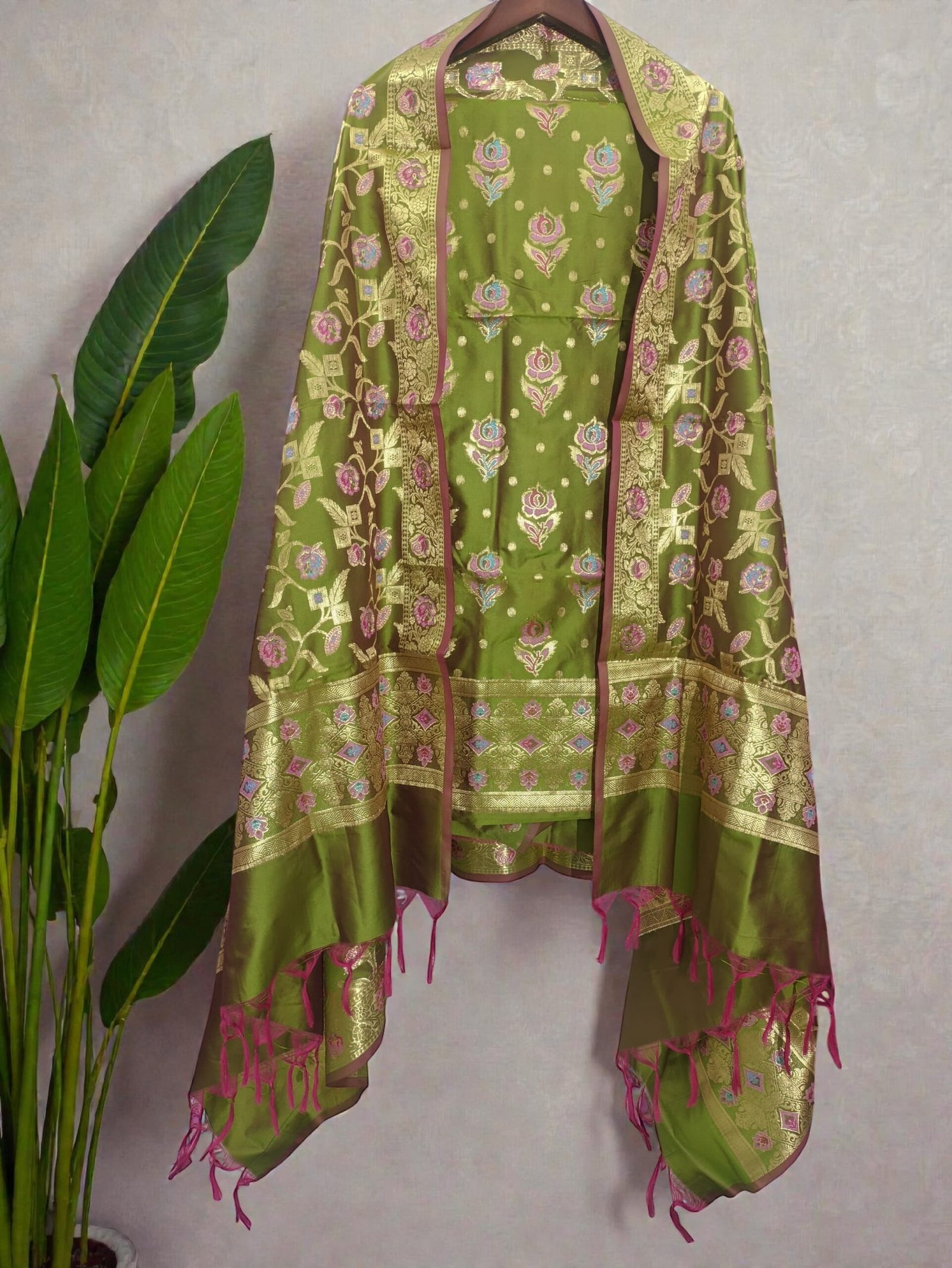 Olive Green Soft Katan Banarasi Silk Tilfi Meena Zari Woven Unstitched Suit Set for Women 1 Olive Green Soft Katan Banarasi Silk Tilfi Meena Zari Woven Unstitched Suit Set for Women
