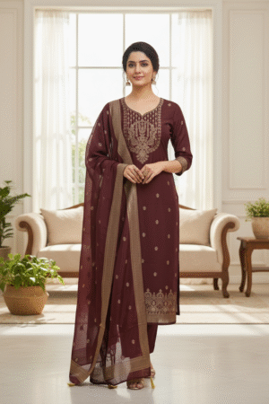 Maroon Banarasi Crepe Silk Zari Woven Suit Set