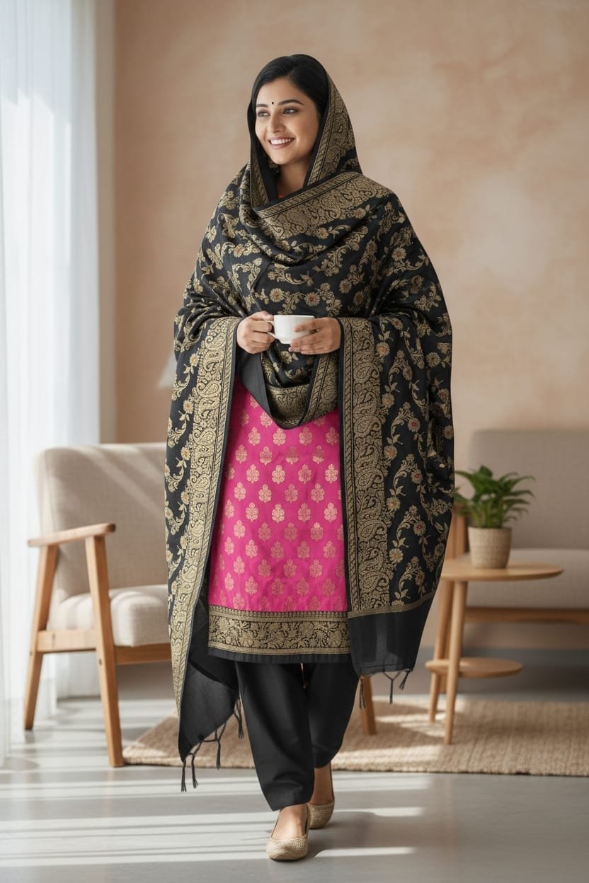 Pink & Black Contrast Banarasi Silk Zari Woven Suit Set by Ansari Fashion 1 Pink & Black Contrast Banarasi Silk Zari Woven Suit Set by Ansari Fashion
