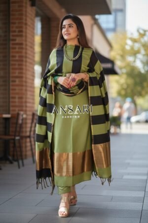 Pista Green & Black Stripe Banarasi Cotton Silk Suit Set with Zari Daman