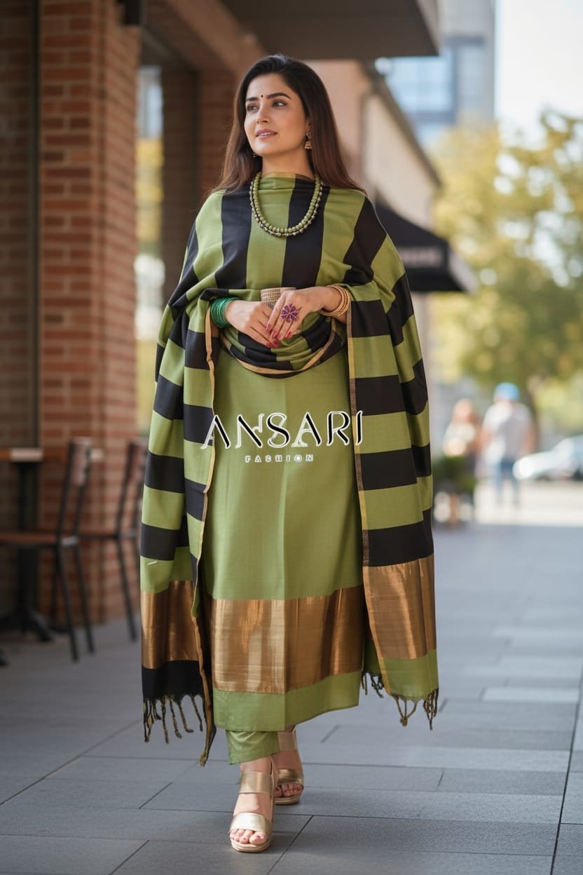 Pista Green & Black Stripe Banarasi Cotton Silk Suit Set with Zari Daman