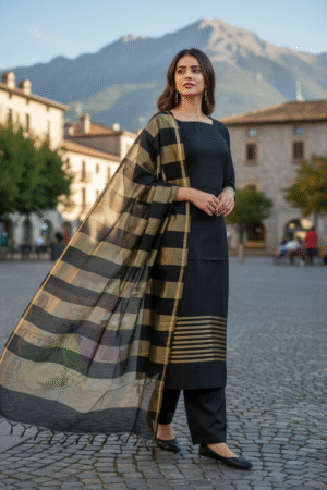 Banarasi Cotton Silk Suit Set with Zari Daman & Striped Dupatta – Elegant Black