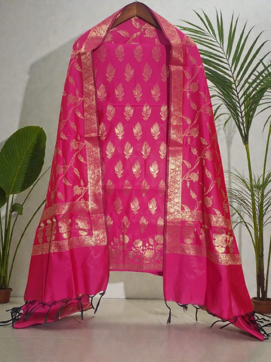 Rani Pink Banarasi Silk Double Zari Woven Unstitched Suit Set for Women