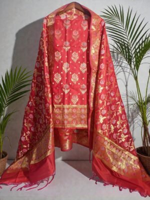 Red Soft Katan Banarasi Silk Tilfi Meena Zari Woven Unstitched Suit Set for Women