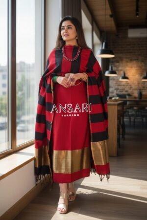 Red & Black Stripe Banarasi Cotton Silk Suit Set with Zari Daman
