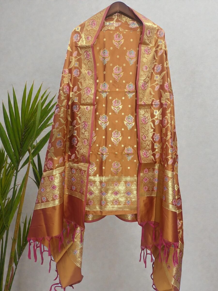 Rust Soft Katan Banarasi Silk Tilfi Meena Zari Woven Unstitched Suit Set for Women