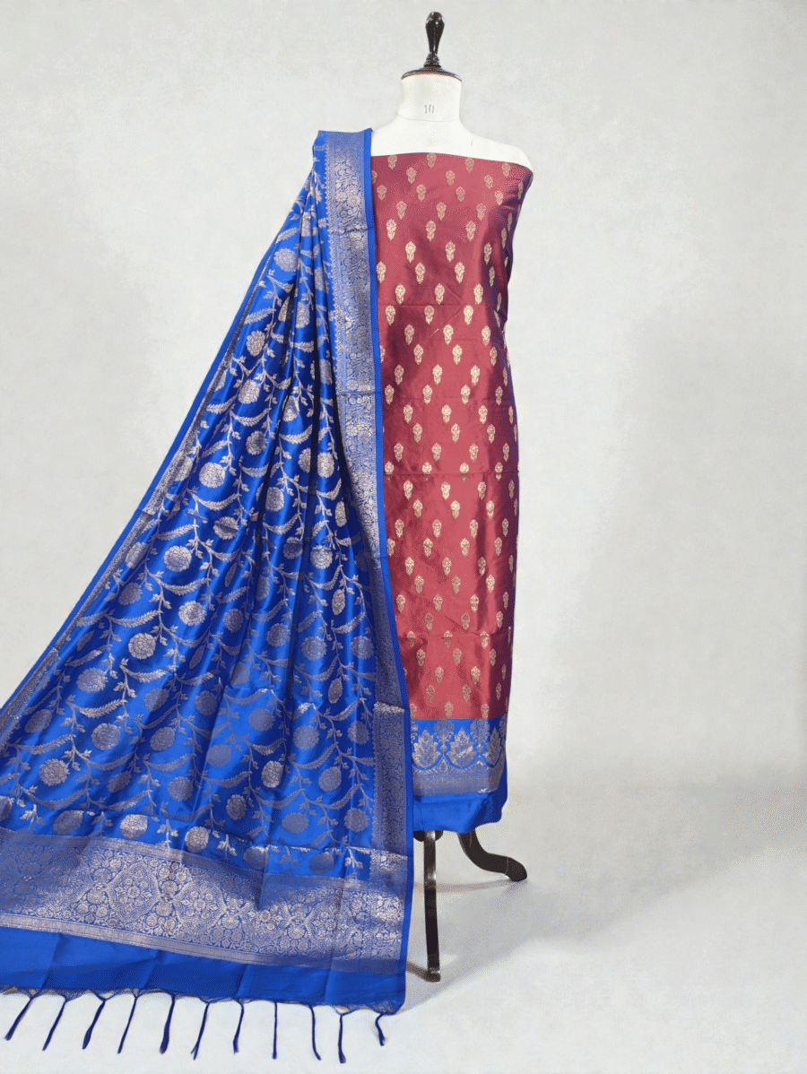 Maroon & Royal Blue Contrast Banarasi Soft Silk Zari Woven Suit Set at ₹1999