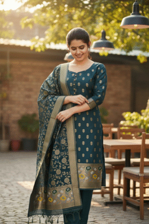 Turquoise Blue Banarasi Jamdani Silky Cotton Tilfi Meena Suit Set