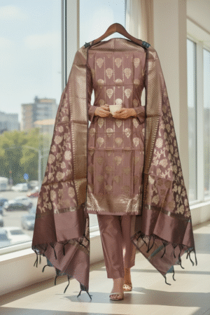 Golden Purple Banarasi Silk Zari Woven Suit Set by Ansari Fashion