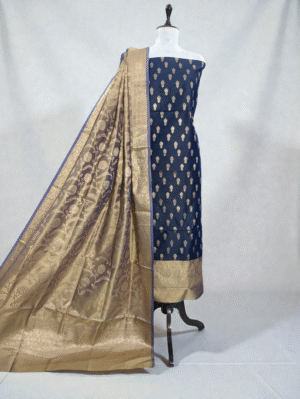 Navy Blue & Golden Beige Contrast Banarasi Soft Silk Zari Woven Suit Set at ₹1999