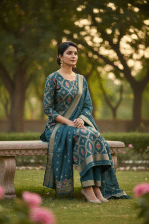 Turquoise blue Banarasi Jamdani Silky Cotton Tilfi Meena Suit Set