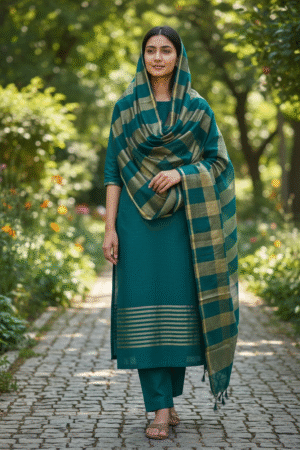 Banarasi Cotton Silk Suit Set with Zari Daman & Striped Dupatta – Peacock Blue