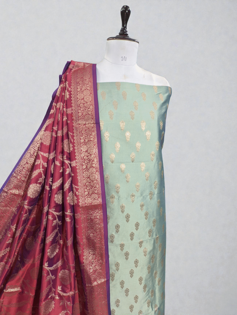 Sea Green & Magenta Contrast Banarasi Soft Silk Zari Woven Suit Set at ₹1999