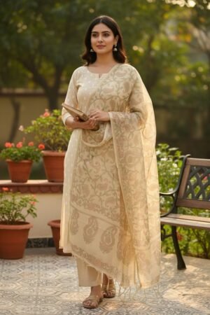 Banarasi Suits – Chanderi Buti with Tie-Dye Dupatta – Golden