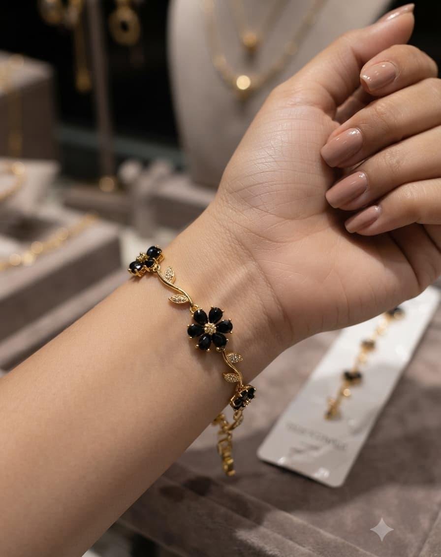 Ansari Fashion Anti Tarnish Gold Floral Bracelet for Women | Black Stone Adjustable Bracelet
