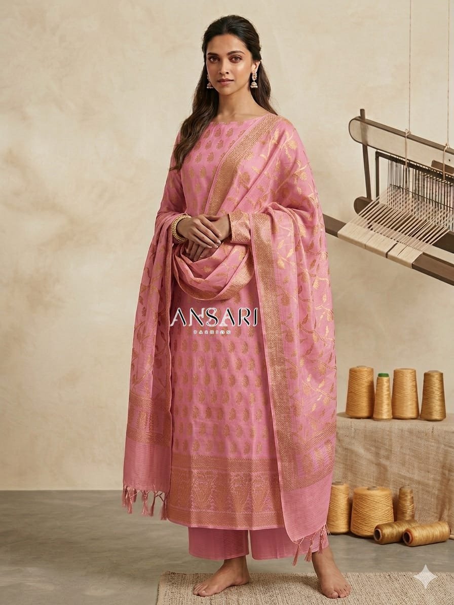 Banarasi Cotton Suit Dusty Pink Zari Weaving 1 Banarasi Cotton Suit Dusty Pink Zari Weaving