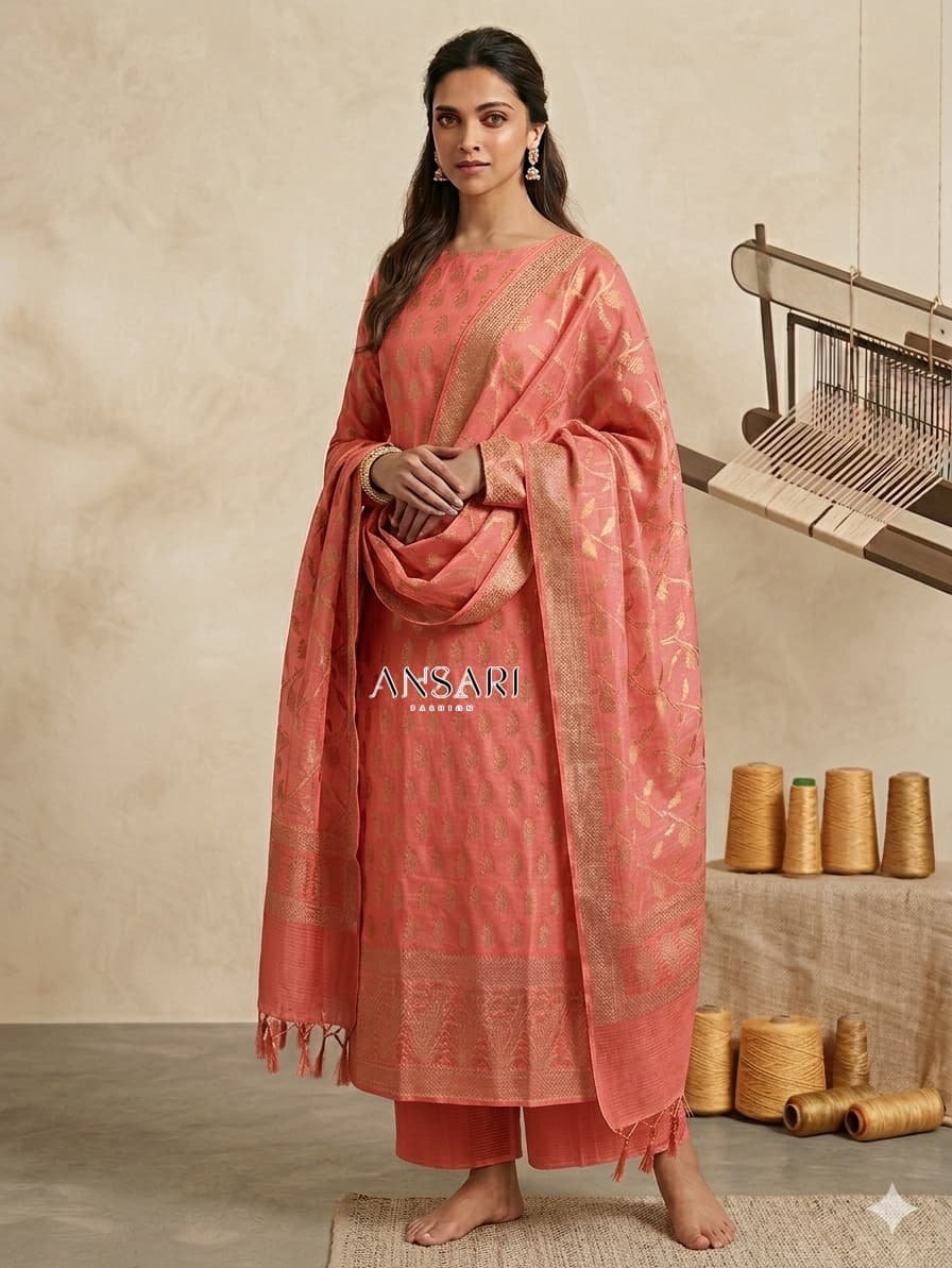 Banarasi Cotton Suit Elegant Peach Zari Weaving 1 Banarasi Cotton Suit Elegant Peach Zari Weaving