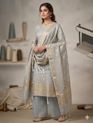 Banarasi Cotton Suit Light Grey Zari Weaving