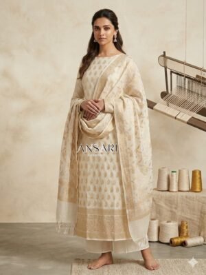 Banarasi Cotton Suit Off White Zari Weaving