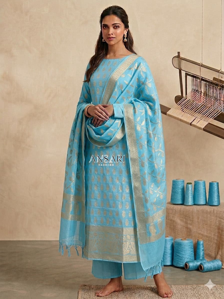 Banarasi Cotton Suit Sky Blue Zari Weaving 1 Banarasi Cotton Suit Sky Blue Zari Weaving