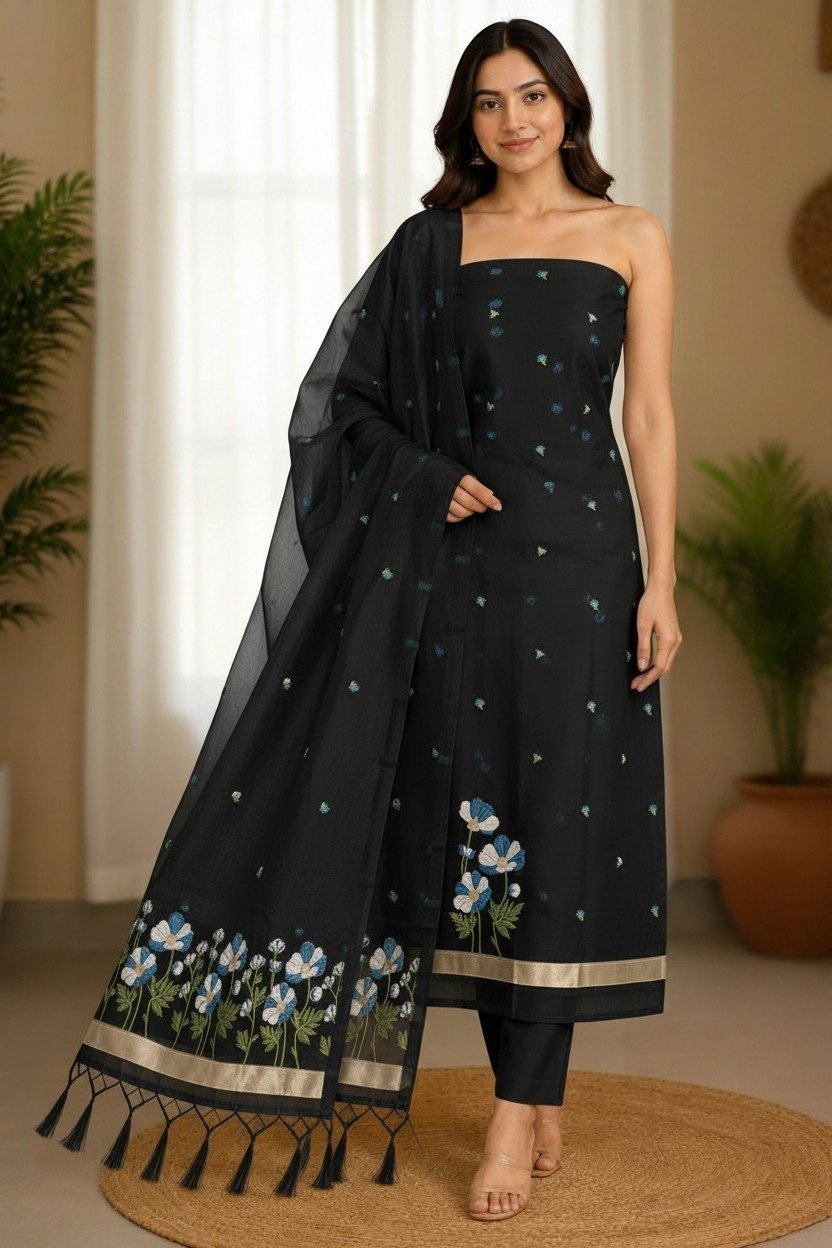 Banarasi Jamdani Cotton Suit Black Floral Weaving